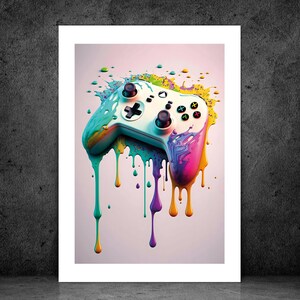 May include: A white video game controller with colourful paint dripping from it. The paint is in shades of blue, green, yellow, pink, and purple.