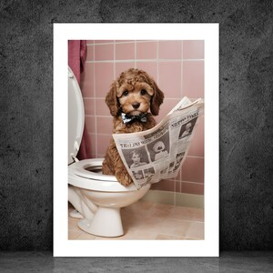 May include: A brown and white dog wearing a black bow tie sits on a white toilet and reads a newspaper titled "New York Times". The dog is in a bathroom with pink tiled walls.