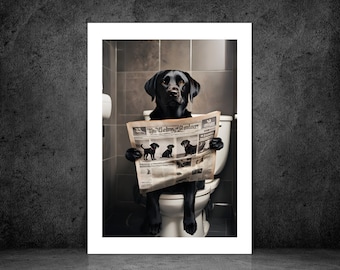 Black Labrador on Toilet Dog Bathroom Art Funny | Pet Dog Print Poster | Animal Art | Gift | Bespoke | Poster | A5 | A4 | A3