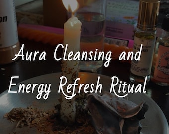 May include: A lit white candle covered in dried herbs stands on a silver plate, surrounded by loose herbs and a dried flower. The text Aura Cleansing and Energy Refresh Ritual is overlaid. Several small bottles and containers are visible in the background.