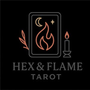 May include: A logo design on a black background featuring a rectangular tarot card outline with a flame, crescent moon, and star icon. To the left is a leafy branch, and to the right is a lit candle. The text reads HEX & FLAME TAROT in grey.