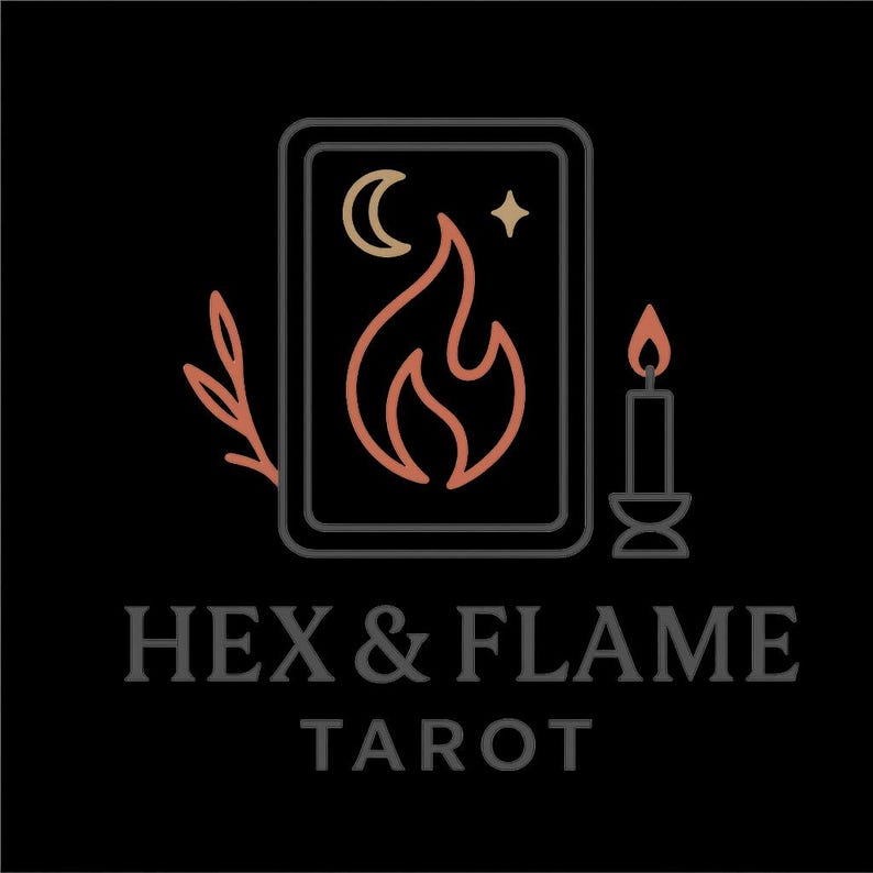 May include: A logo design on a black background featuring a rectangular tarot card outline with a flame, crescent moon, and star icon. To the left is a leafy branch, and to the right is a lit candle. The text reads HEX & FLAME TAROT in grey.