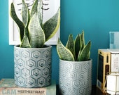 Hexagon Pattern Ceramic Planters - 5 6 Inch Plant Pots with Drainage Hole, Flower Plant Container for Indoor Outdoor, Set of 2, Blue