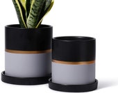 Planter Pots Indoor - 4.9 3.9 Inch Modern Home Decor Cylinder Ceramic Flowerpot Container Drainage Holes and Saucer, Set of 2, Black Grey