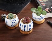 2.5 Inch Ceramic Succulent Planter Pot with Bamboo Saucer Set of 3, Cactus Plant Pot Flower Pot Container Planter Gift (White Blue)