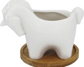 Cute Unicorn Succulent Planter Pot, White Ceramic Cactus Flower Container, Desktop Bonsai Holder with Bamboo Drainage Tray for Indoor Plants