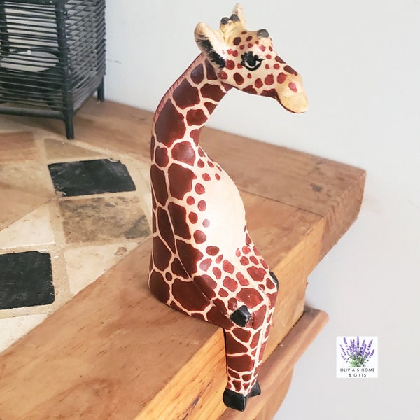 Wood Giraffe Shelf Décor | Shelf Sitter | Carved & Painted By Hand | Home Decor For Shelves