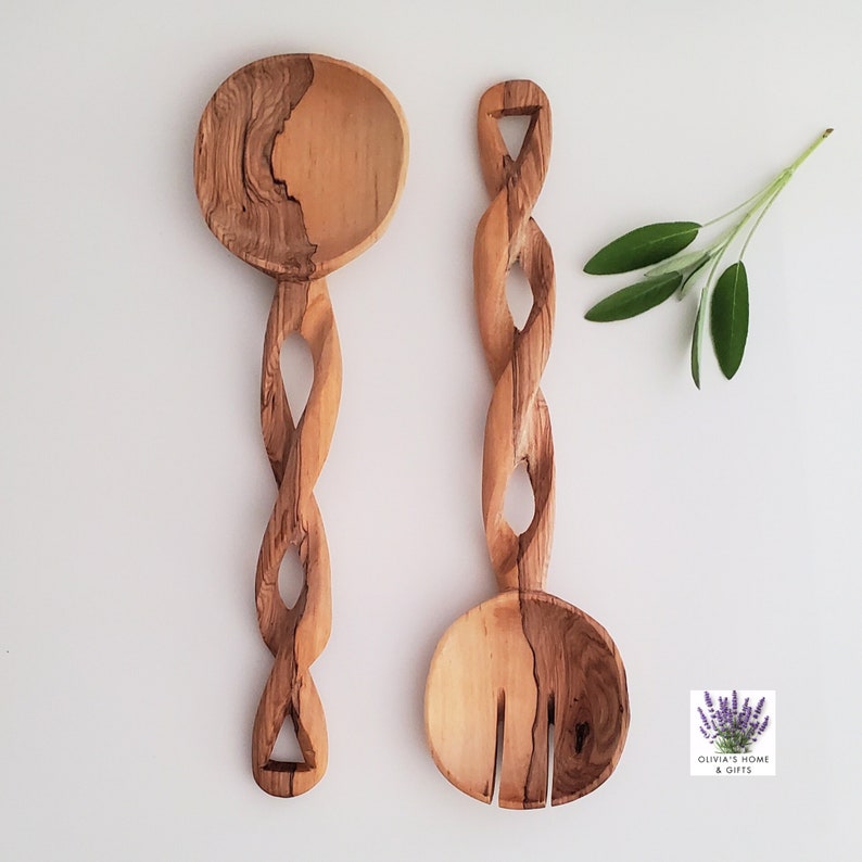 Salad Servers Made From Fallen Trees Natural Olive Wood Spiral Design Rustic image 3