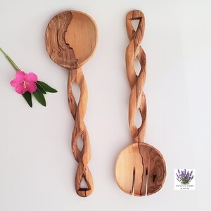 Salad Servers Made From Fallen Trees Natural Olive Wood Spiral Design Rustic image 6