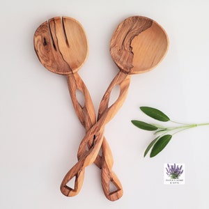 Salad Servers Made From Fallen Trees Natural Olive Wood Spiral Design Rustic image 4