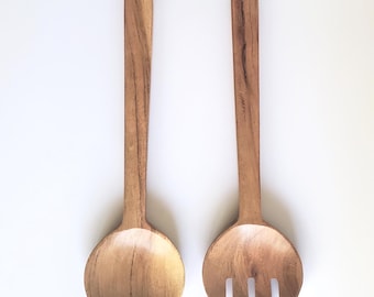 Acacia Wood Salad Servers Set, Handmade Wooden Tableware, Unique Kitchen Gift