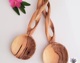 Salad Servers Made From Fallen Trees | Natural Olive Wood | Spiral Design | Rustic