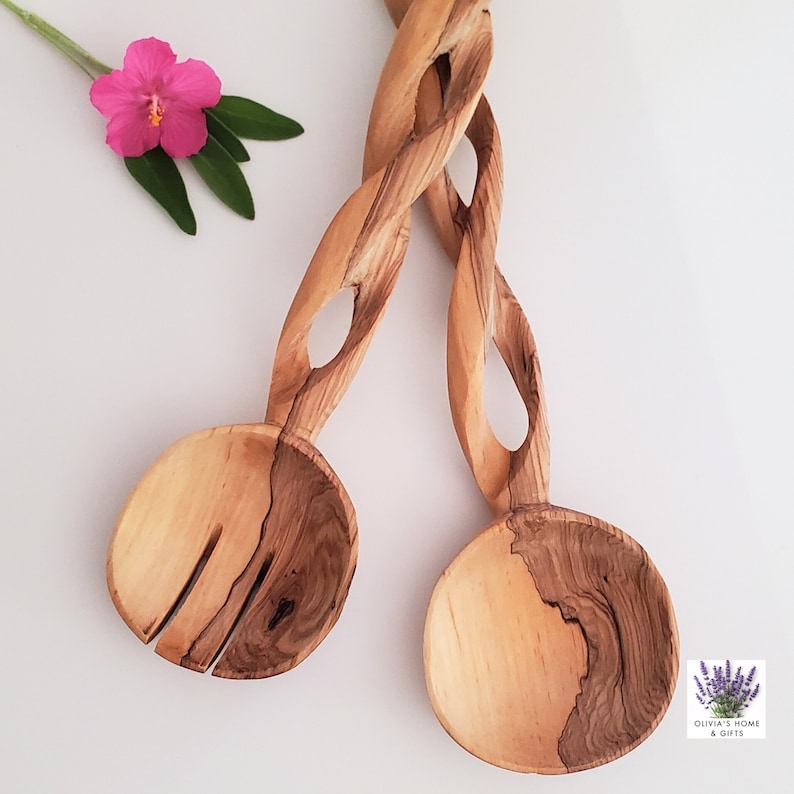 Salad Servers Made From Fallen Trees Natural Olive Wood Spiral Design Rustic image 1