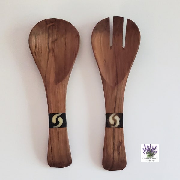 Small Salad Servers | Wild Olive Wood | Short Serving Utensils | Wood Utensils