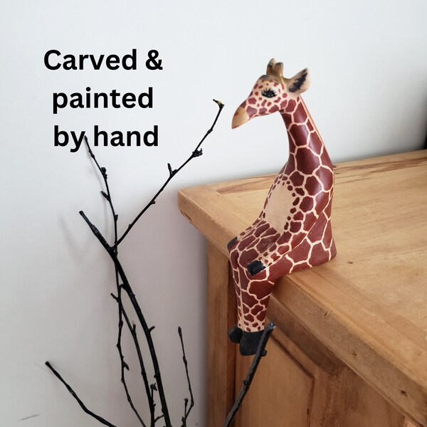 Wood Giraffe Shelf Décor | Shelf Sitter | Carved & Painted By Hand | Home Decor For Shelves