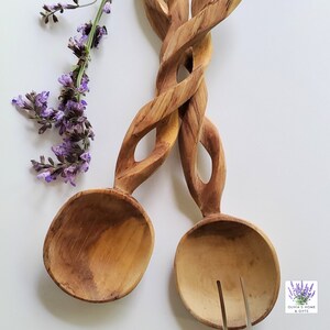 Salad Servers Made From Fallen Trees Natural Olive Wood Spiral Design Rustic image 5