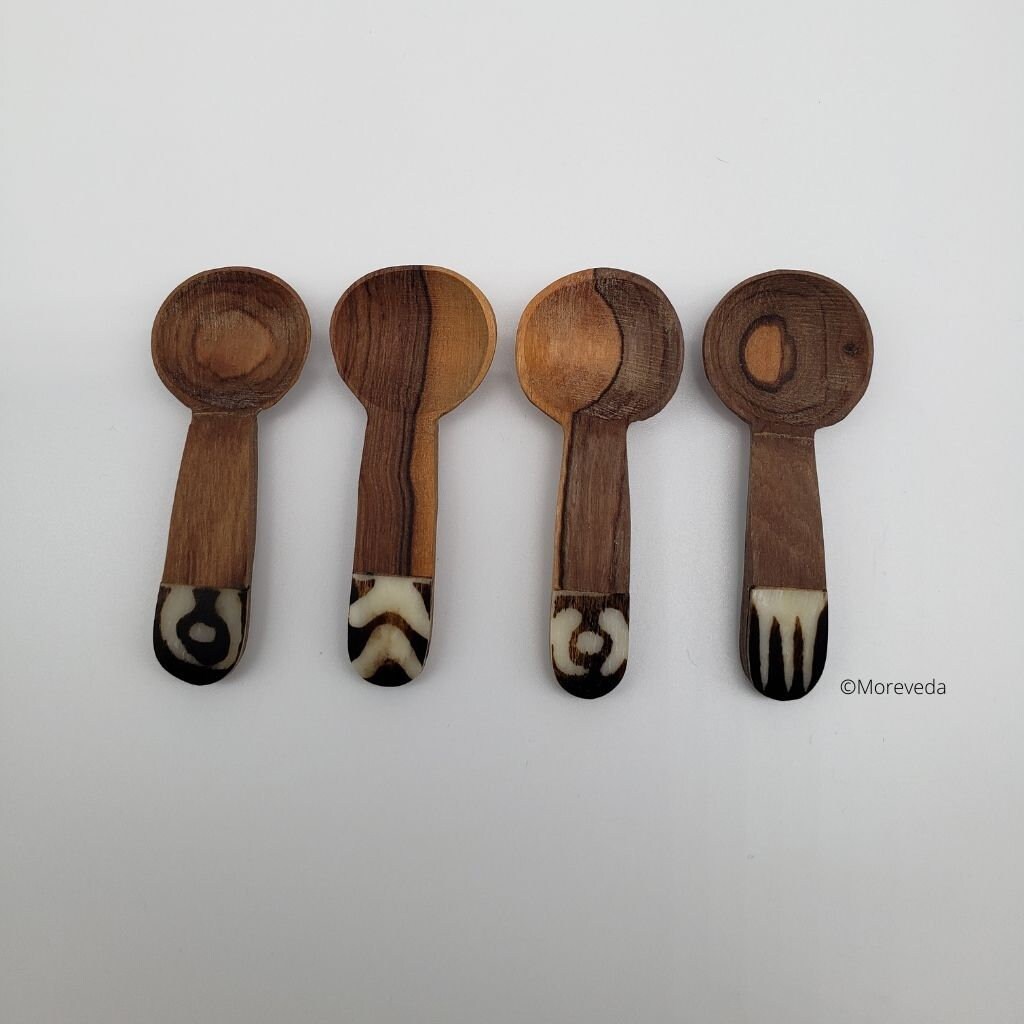 Four Mini Tea & Spice Olive Wood Spoons | Hand-carved | Hand-Sewn Bag