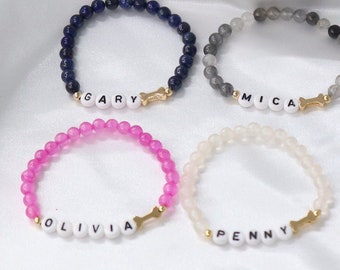 Pulsera con nombre conmemorativo para mascotas, pulsera de piedra con nombre de perro, pulsera con nombre de perro con cuentas personalizadas, joyería conmemorativa para mascotas, pulsera de hueso, regalo de amante de los animales