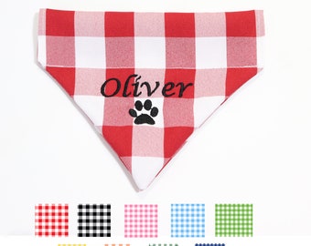 Plaid dog bandana personalize over the collar, custom embroidered dog or cat bandana, gingham summer name dog bandana, square scarf