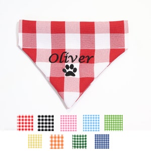 Plaid dog bandana personalize over the collar, custom embroidered dog or cat bandana, gingham summer name dog bandana, square scarf
