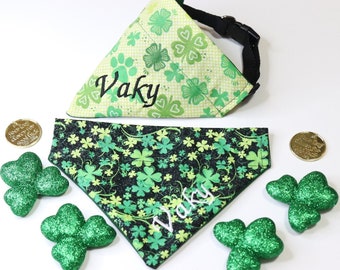 Bandana pour chien personnalisé de la Saint-Patrick, par-dessus le collier, bandana brodé pour chien ou chat, bandana pour animaux de compagnie réversible au trèfle, nom bandana pour chien