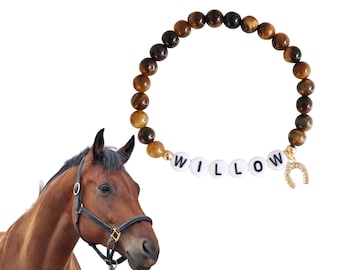 Custom horse name stone bracelet, beaded equestrian name bracelet, western horseshoe bracelet, memorial pet jewelry,  pony animal lover gift