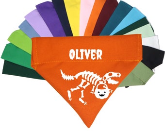 Halloween dog bandana over the collar, T-rex skeleton dog or cat bandana, dinosaur dog bandana,trick or treat fall name scarf, funny bandana