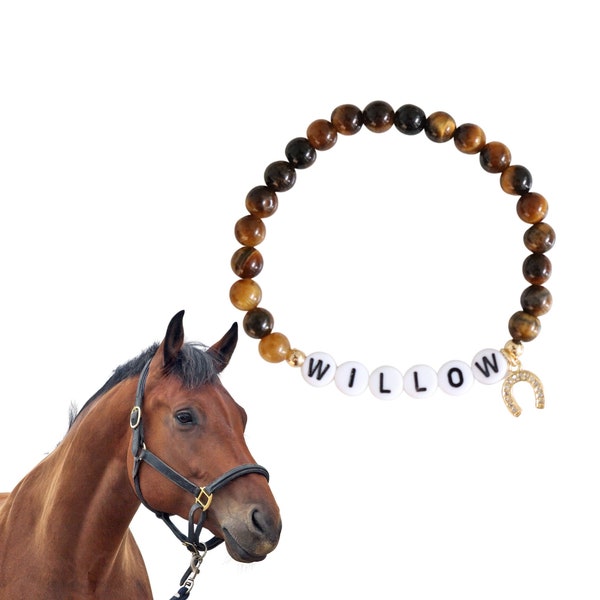 Custom horse name stone bracelet, beaded equestrian name bracelet, western horseshoe bracelet, memorial pet jewelry,  pony animal lover gift