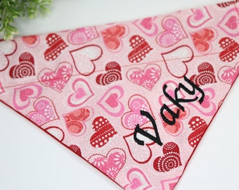 Personalized red and pink hearts dog bandana,over the collar,dog mom gift,embroidered dog bandana,reversible pet bandana,mothers day gift