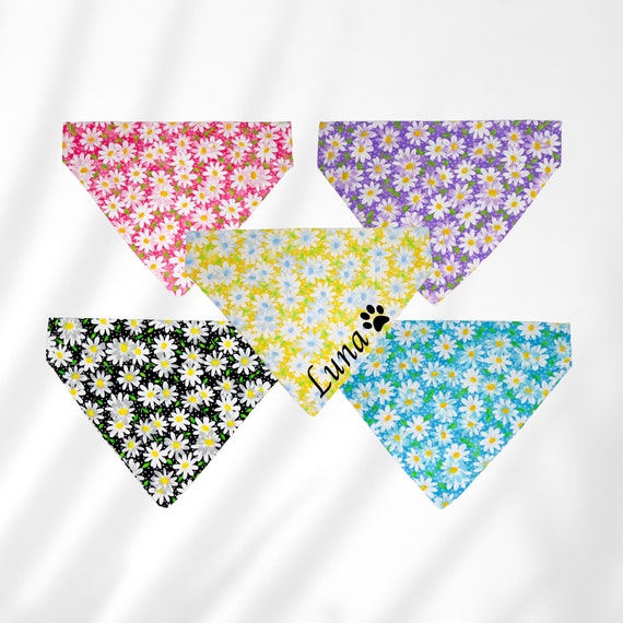 Daisy flower dog bandana, custom name dog bandana, over the collar girl pet scarf, purple dog bandana, small dog bandana,medium large breeds
