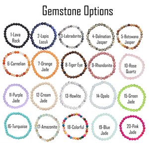 May include: A chart of 20 different gemstone bracelet options. Each bracelet is made of round beads and is labeled with a number and the name of the gemstone. The gemstones include lava rock, lapis lazuli, labradorite, dalmatian jasper, botswana jasper, carnelian, orange jade, tiger eye, rhodonite, rose quartz, purple jade, cream jade, howlite, opalo, green jade, turquoise, amazonite, colorful, blue jade, and pink jade.