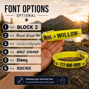May include: Two neon yellow pet collars with reflective strips and silver metal hardware. One collar displays the name WILLOW, the other shows 777-888-9999. A list of font options includes BLOCK 2, Brush Script Mt, Lucida Calligraphy, WALT DISNEY, Chewy, and BEBAS NEUE.