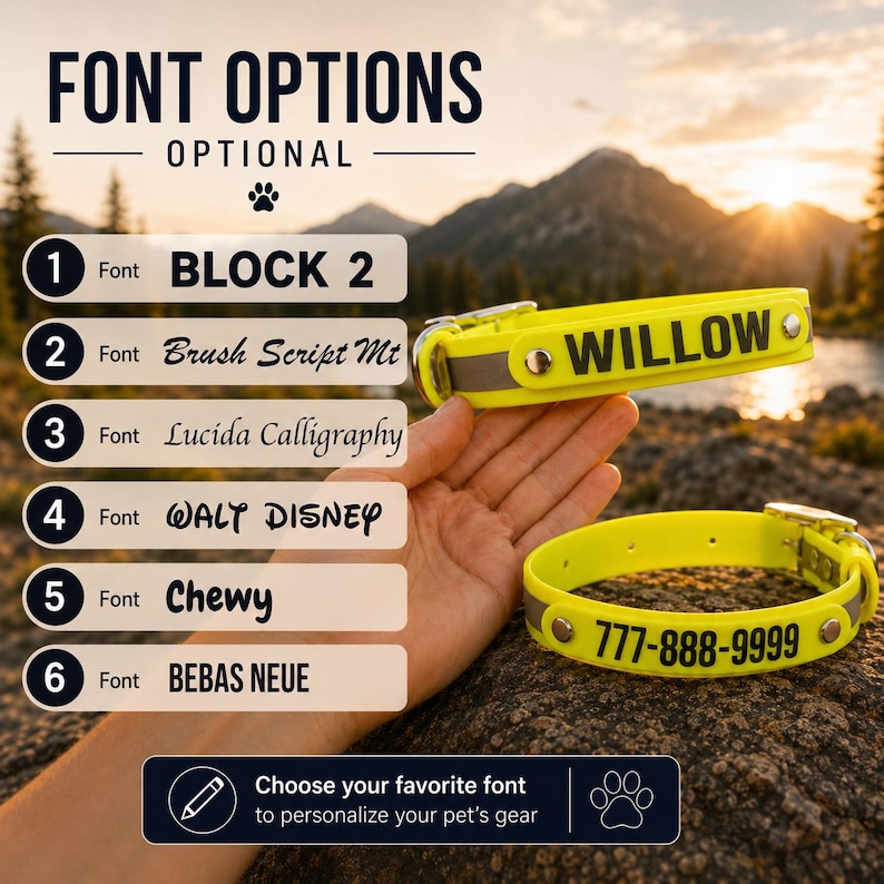 May include: Two neon yellow pet collars with reflective strips and silver metal hardware. One collar displays the name WILLOW, the other shows 777-888-9999. A list of font options includes BLOCK 2, Brush Script Mt, Lucida Calligraphy, WALT DISNEY, Chewy, and BEBAS NEUE.
