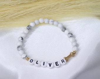 Pulsera con nombre conmemorativo para mascotas, pulsera de piedra con nombre de perro, pulsera con nombre de perro con cuentas personalizadas, joyería conmemorativa para mascotas, pulsera de hueso, regalo de amante de los animales
