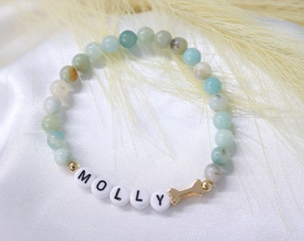 Pet memorial name bracelet, dog name stone bracelet, custom beaded dog name bracelet, memorial pet jewelry, bone bracelet, animal lover gift