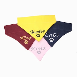 Personalized dog bandana over the collar, custom embroidered dog or cat bandana, girl female reversible pet bandana, flower name dog bandana