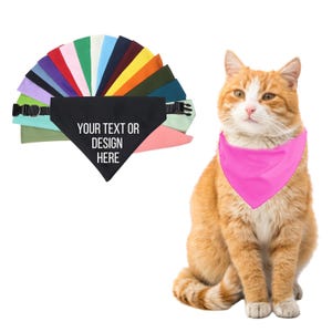 Può includere: Un gatto che indossa un bandana rosa. Il bandana è di forma triangolare con un bordo nero. Il gatto è seduto su uno sfondo bianco. Uno ventaglio di campioni di tessuto è sullo sfondo. I campioni sono di vari colori. Il testo "YOUR TEXT OR DESIGN HERE" è stampato su un bandana nero.