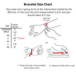 May include: A bracelet size chart with a diagram showing how to measure your wrist. The chart lists sizes from Toddler Girls to XL, with corresponding lengths in inches. The chart also includes a note that 6.5 inches is a popular size.