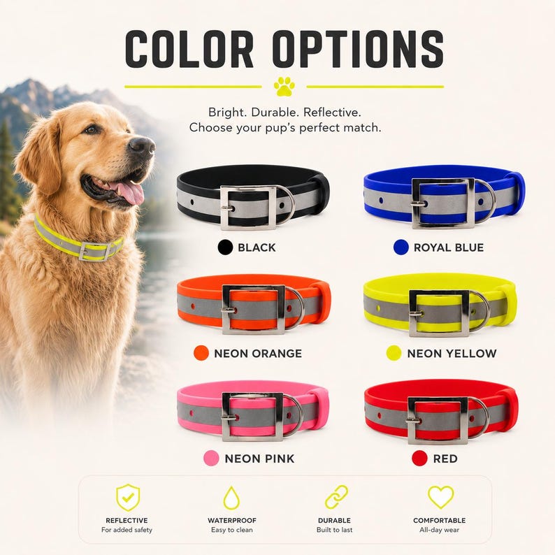May include: A golden retriever wearing a reflective collar next to six color options of the same collar: black, royal blue, neon orange, neon yellow, neon pink, and red. Each collar features a silver metal buckle and a reflective center strip.
