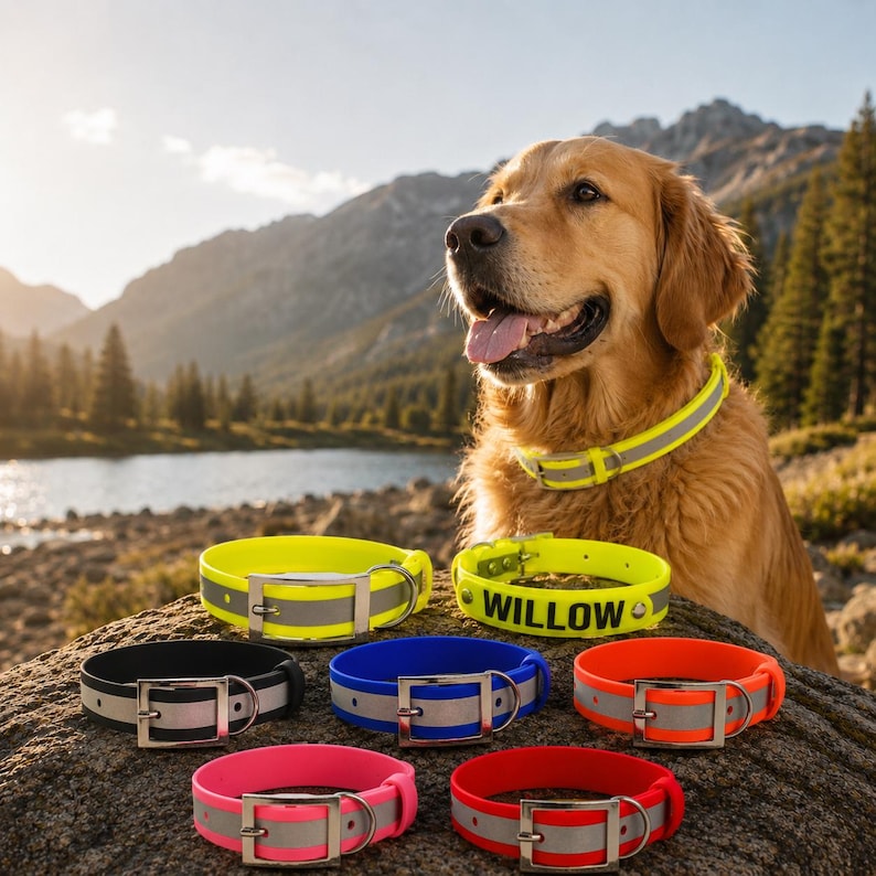 May include: A collection of waterproof dog collars in black, blue, orange, pink, red, and neon yellow, each featuring a silver metal buckle and a reflective gray strip. One yellow collar is personalized with the name WILLOW in black letters.