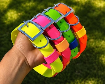 May include: A stack of four adjustable collars in vibrant neon colors including yellow, pink, green, and orange. Each collar features a silver-toned metal buckle, a matching metal D-ring for attachment, and a sliding keeper loop for securing the strap.
