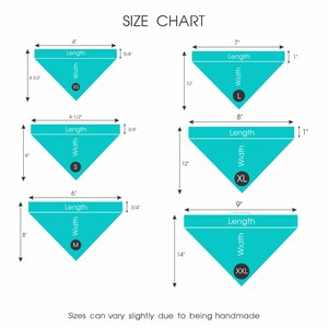 May include: Size chart for dog bandanas with measurements in inches. The chart shows five sizes: XS, S, M, L, XL, and XXL. Each size is represented by a turquoise bandana with the size label and measurements for length and width.