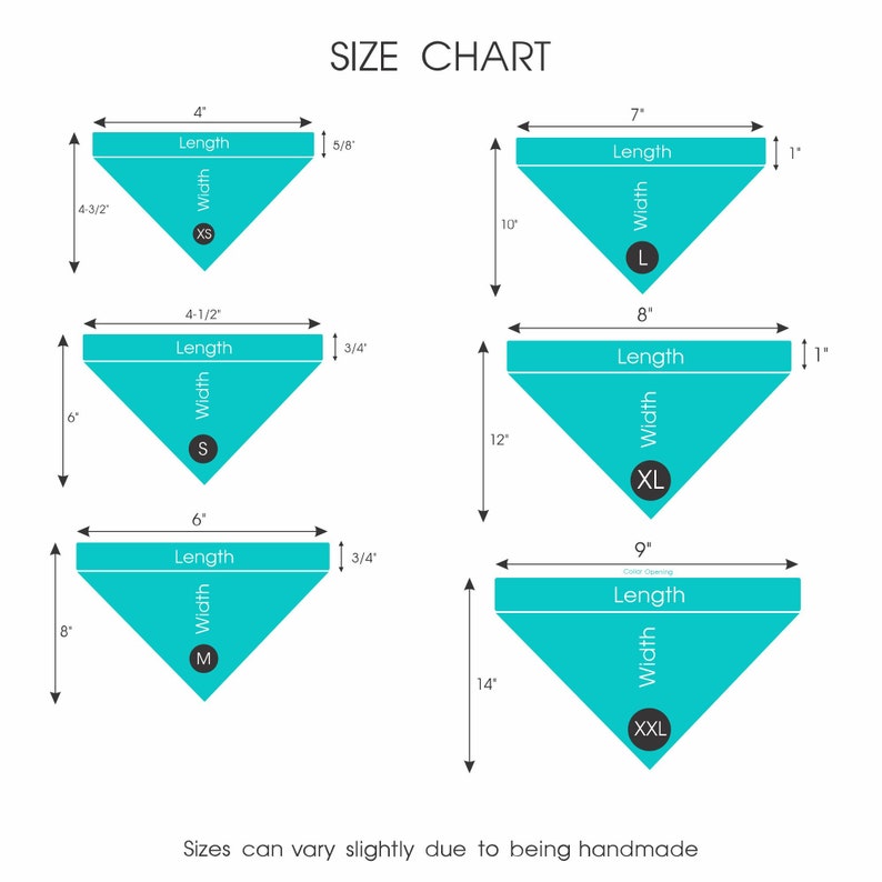 May include: Size chart for dog bandanas with measurements in inches. The chart shows five sizes: XS, S, M, L, XL, and XXL. Each size is represented by a turquoise bandana with the size label and measurements for length and width.