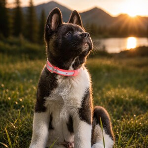 May include: A bright neon orange dog collar with a reflective silver strip running horizontally through the center. The collar features a metal buckle and is worn around the neck of a dark brown and white puppy with pointed ears and a fluffy coat.