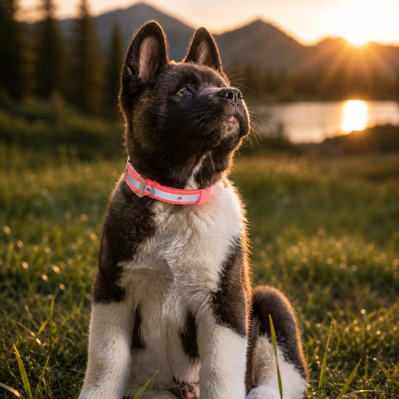 May include: A bright neon orange dog collar with a reflective silver strip running horizontally through the center. The collar features a metal buckle and is worn around the neck of a dark brown and white puppy with pointed ears and a fluffy coat.