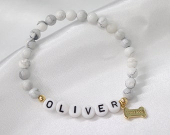 Pulsera de nombre conmemorativo de mascotas, pulsera de piedra de nombre de perro, pulsera de nombre de perro con cuentas personalizadas, joyas de mascotas conmemorativas, pulsera de huesos, regalo para amantes de los animales