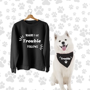 Dog and owner matching sweater, funny dog bandana, dog lover gift,dog mom sweatshirtshirt,dog mama hoodie,where I go trouble follows,dog dad