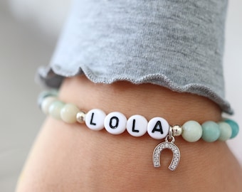 Custom horse name stone bracelet, beaded equestrian name bracelet, western horseshoe bracelet, memorial pet jewelry,  pony animal lover gift