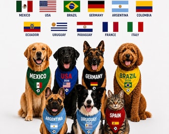 Pañuelo de fútbol para perros y gatos con la bandera del país, bufanda personalizada para mascotas, accesorio para aficionados al fútbol internacional, regalo para mascotas con espíritu de equipo, cierre a presión.