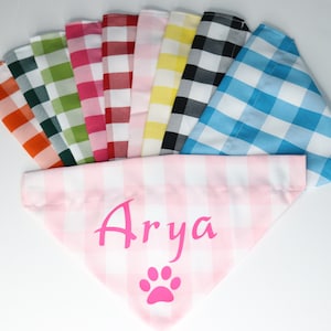 Plaid dog bandana personalize over the collar, custom embroidered dog or cat bandana, gingham summer name dog bandana, square scarf